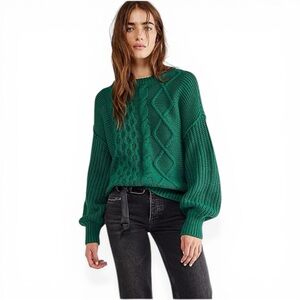 FREE PEOPLE Dream Cable Crewneck Sweater Green Chunky Knit Balloon Sleeve 📐L